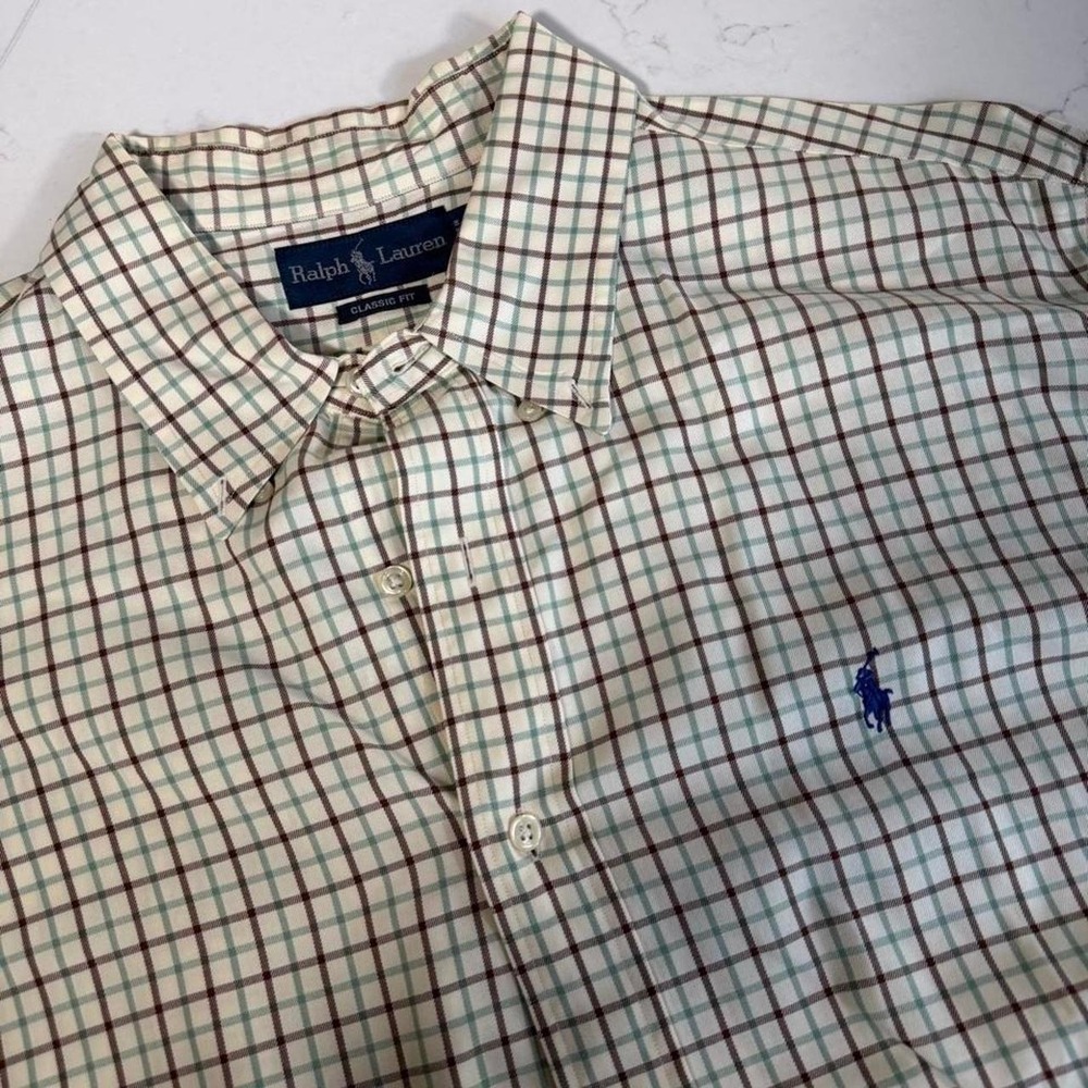 Ralph Lauren Men's XXL Classic Fit Plaid Button Down Shirt Cream Green Brown